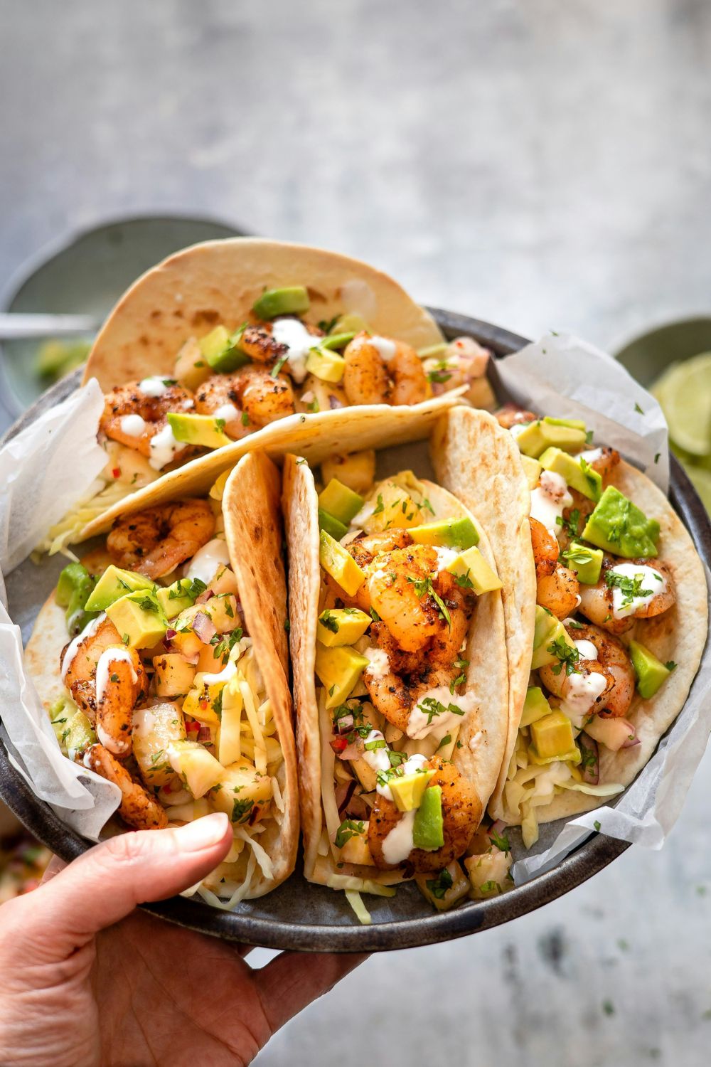 Shrimp tacos with avocado and slaw in flour tortillas, taco catering in Colleyville TX by Tastefully Yours